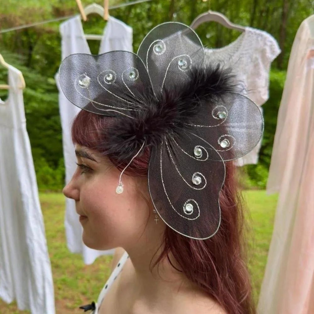 60s nylon black butterfly fascinator w/ fuzzy feather body